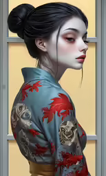 the asian woman with red flowers is dressed in a blue kimono