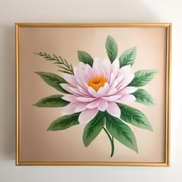 an artfully decorated frame is hung on the wall of a painting of a pink flower