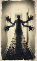 a ghostly person is walking down the hallway