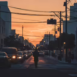 cars driving on a street at sunset with a person in silhouette