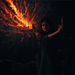 a woman standing in front of fireworks with her arms extended