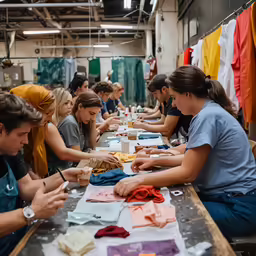a group of people are sewing on clothes