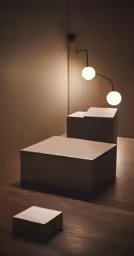 a few steps are positioned next to two lamps on a wall
