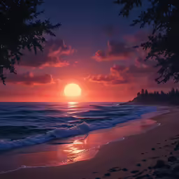 a beach with the sun setting over the ocean and waves coming in