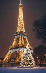 a lighted christmas tree at night under the eiffel tower in paris, france