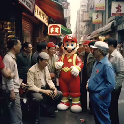 people and giant characters gathered around a street vendor,some people on the sidewalk with a large cartoon character