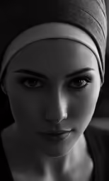 a black and white photo of a woman wearing a turban