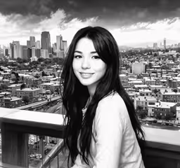 a woman standing in front of a city skyline,black and white photo of a woman posing on a bridge