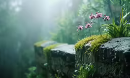 there are two flowers that are growing out of some stone