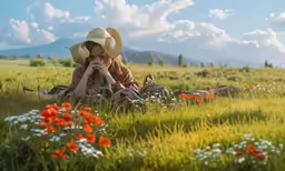two people sitting in the grass with hats on
