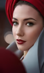 woman with red turban standing next to a light