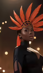 a beautiful black woman wearing a red feather hat