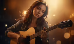 a beautiful woman holding an acoustic guitar while standing