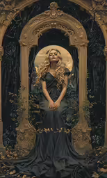 a woman sitting down in a throne with an angel behind her