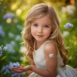 a little girl sitting in flowers wearing a white dress