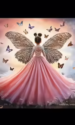 a woman in a dress with butterflies flying around her