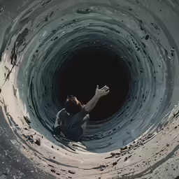 a person in the middle of a drain in the ground