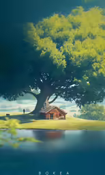 a small house is nestled into the tree