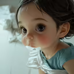a small girl sitting in a corner next to some white sheet