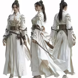 three women dressed in medieval costumes holding swords