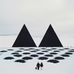 a couple of people standing in the snow near some black pyramids