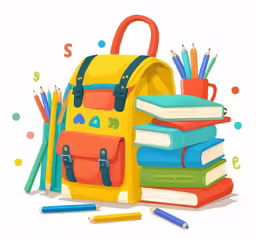 books, pencils and school bags are sitting on top of each other