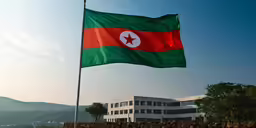 the flag is flying in front of the building