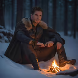 a young man wearing leather sitting in the snow by a camp fire