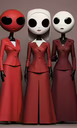 three mannequins are posed in red suits and shoes