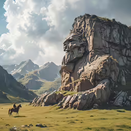 a man riding on the back of a horse next to a large mountain