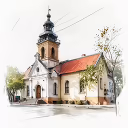 a watercolor drawing of an old church with a steeple