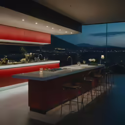 a kitchen is shown with bar seating and red cabinetry