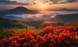 sunset over some red tulips and mountains