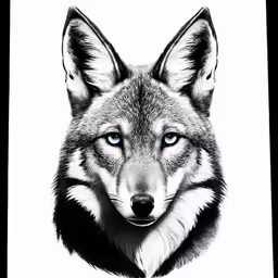 a black and white drawing of a wolf with blue eyes