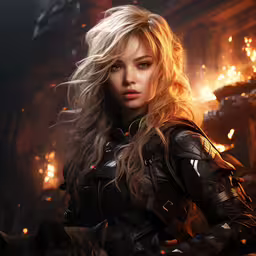 a beautiful young woman standing next to a fire,a girl in a leather outfit stands in front of fire