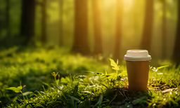 a coffee cup in the grass, with sunbeams behind it