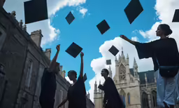 a group of people throwing graduation caps in the air