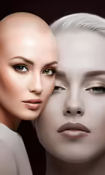 the image shows two women with bald heads