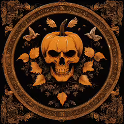 a painting of a skull and three birds on it,a photo of a pumpkin with leaves and a skull