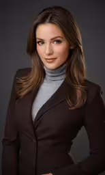 a woman with long hair and wearing a brown jacket