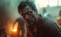the evil face and eyes of a man with blood on his face