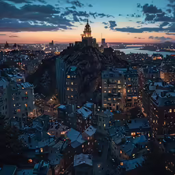 dusk is lite up behind an illuminated city at night