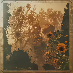 a framed photo of sunflowers in front of some trees