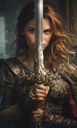 a woman holding a sword while standing on top of a hill