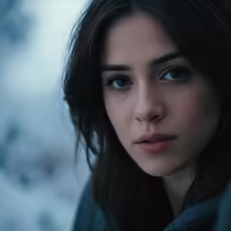 a woman with blue eyes staring in the distance