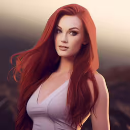 a woman with long red hair is posing for a photo,red - haired woman posing with train tracks in the background
