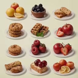 six plates of various breakfast foods on the table