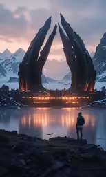 the man is looking at a huge sculpture