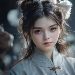 a young woman with flower in her hair looking back at the camera