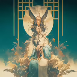 a woman with an open head and long hair wearing a white dress with a design of birds on her chest
